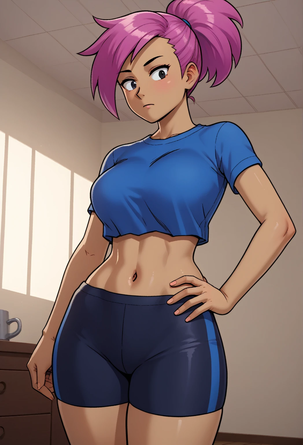 score_9, score_8_up, score_7_up, score_9,4k, HD, 8k, highres, antialiasing, detailed, texture, perspective, cinematic lighting,  enidSDXL, 1girl, solo, ponytail, short hair, large breasts,  blue shirt, navel, cowboy shot,  pink hair, purple hair, dark skin, shorts, midriff, black eyes, crop top, hand on hip, bike shorts, wide hips, room, 