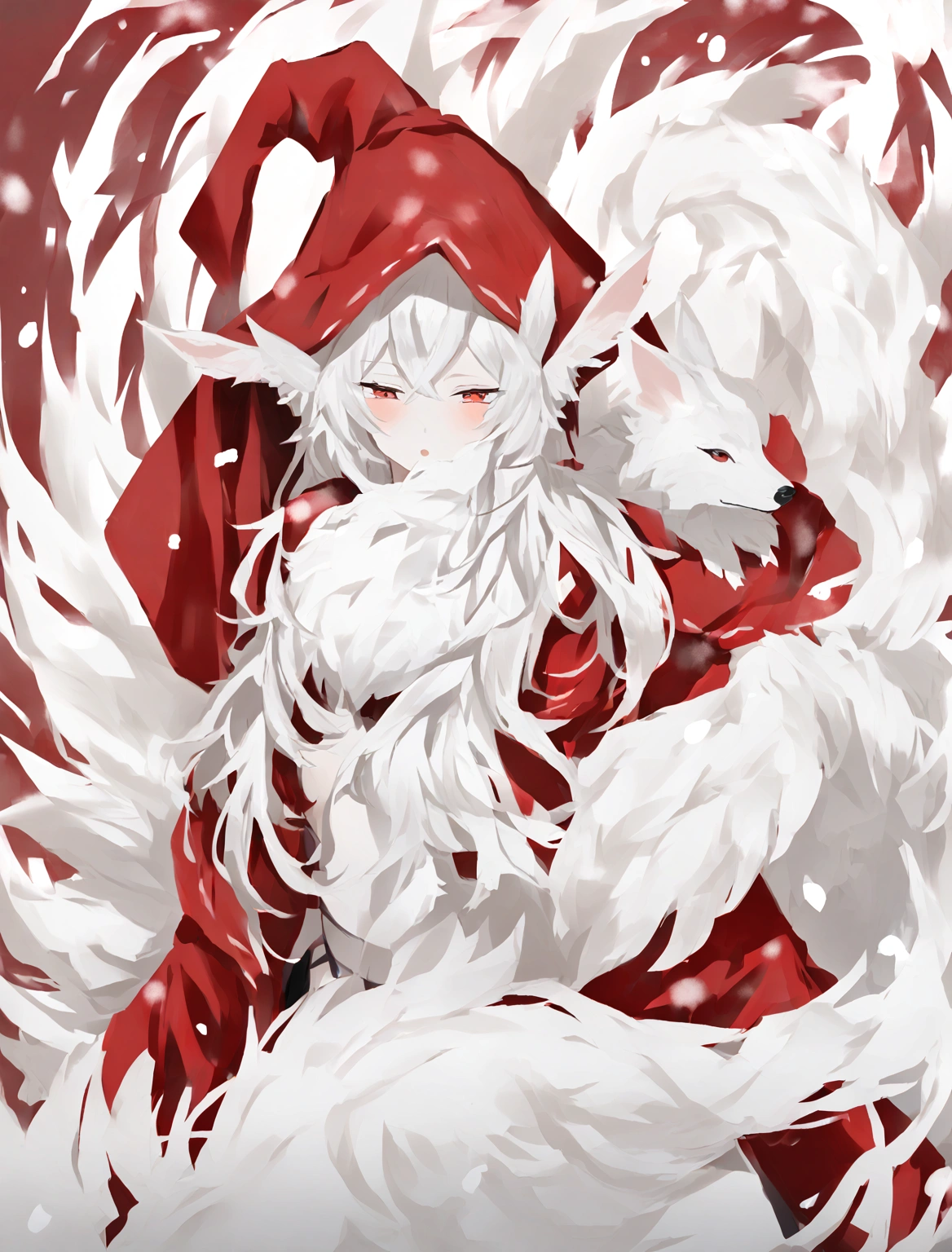 Long white hair, red hat, red eyes, big chest, wearing a red hood, white wolf ears on the head and a white wolf tail, there was snow around. 