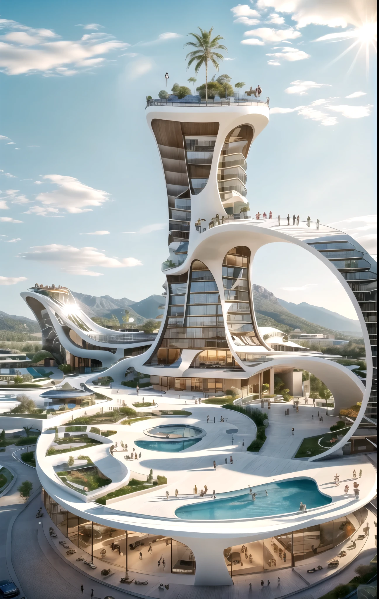 Building design , cars, tree, Hotel design, day light , outstanding, single tall building, blue sky.  City and mountain at the background , small circular fountain