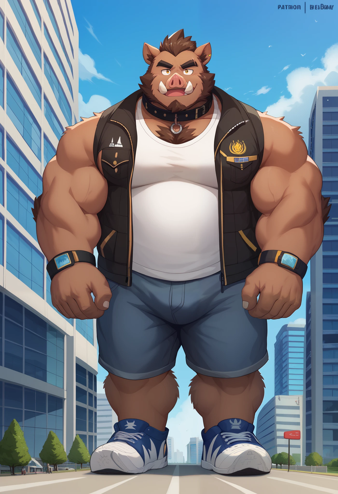 Scribble Wildboar face,Furry(Wildboar),pummelig,( black eyebrows :1.1),(perfect eyes), brown fur ,alone,(artist:takemoto arashi),(collar:1.3), standing, Sneakers,( Black beard :1.3),(Civil :1.3,) Wildboar(Massiv:3.0, ( heavyweight ,stark,Macro, Emphasize, stands next to buildings, size of a skyscraper )), background (( university)),