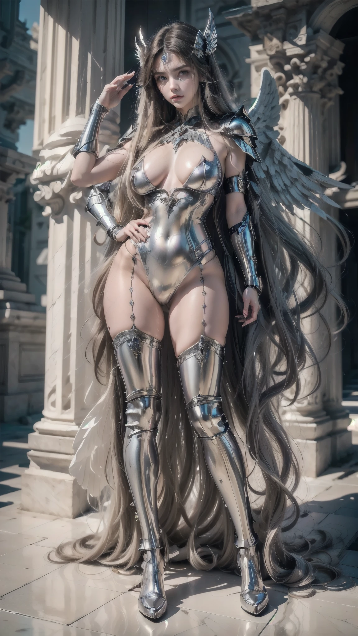 a close up of a woman in a silver outfit with wings, angel knight girl, angel in plastic armor, beautiful cyborg angel girl,  Gothic Girl Knight Angel , knights of zodiac girl, portrait knights of the zodiac ,  Majestic full-body angel , mystical atlantean valkyrie, angled armour with wing , beautiful female angel, as a mystical valkyrie, mystical valkyrie, 
([long hair hair]:1.8), (full body:1.8), (upper body up:0.3), (hyper realistic:1.4), (realistic:1.3), (best quality real texture skin), Detailed eyes, detailed face, PERSEPHONE, persephone, (SFW:1.5) Hyperrealistic, LESS saggy breasts, (SMALL BREASTS:1.5), (HUGE LEGS:1.5), (LESS THIGHS:1.5),  perfect legs ,  perfect legs , pernas added, pernas added e perfeitas,  shapely legs,  shapely thighs, pernas added, Smooth thighs. ( erotic pose :1.5), (thick eyebrows:1.2), (big purple eyes:1.2), ( ultra detailed eyes :1.4), ( high resolution eyes :1.1), ( ultra detailed skin texture :1.4), (Beautiful toned body:1.1),  cameltoe