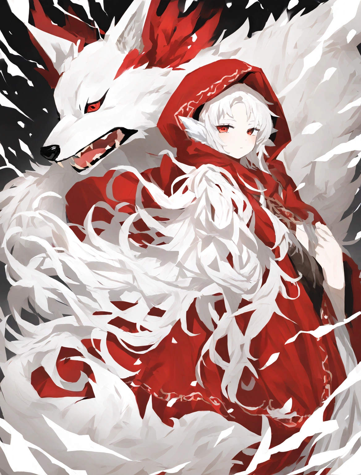 Long white hair, red hat, red eyes, big chest, wearing a red hood, white wolf ears on the head and a white wolf tail, there was snow around. 