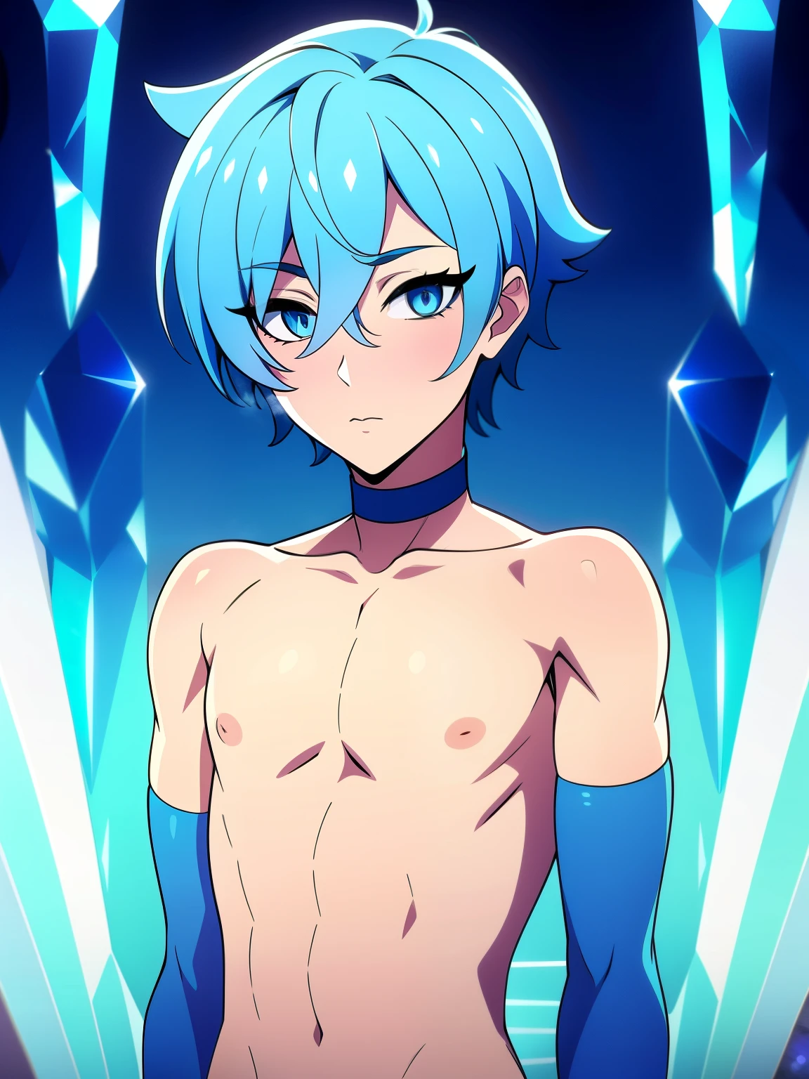 (high-quality, breathtaking),(expressive eyes, perfect face) Symmetrical Eyes, CFemboy, Make a boy with icy light blue hair and crystal blue eyes wearing short clothes in the (anime gay femboy style)and do it more in the femboy style mix drawing and anime style by making a sexy femboy without clothes Make him without clothes and with perfect and more femboy hentai style and femboy gay