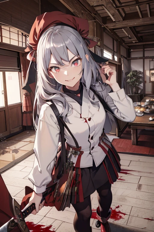 (from below:1.2),((1girl, silver hair, long hair, evil red eyes, crazy eyes, crazy smile:1.5, ), (santa clothes, santa hat, black tights, santa boots), (((holding ominous japanese sword ))), ((battlescene,slashilg,killing the mafia,blood splash)), (indoor, party room, christmas party), ((masterpiece:1.5)), ((best quality:1.5)), (ultra-detailed:1.5), (cinematic lighting, cinematic posing), (with sparkling eyes and a contagious smile),her thin pubic hair:1.2, looking at viewer