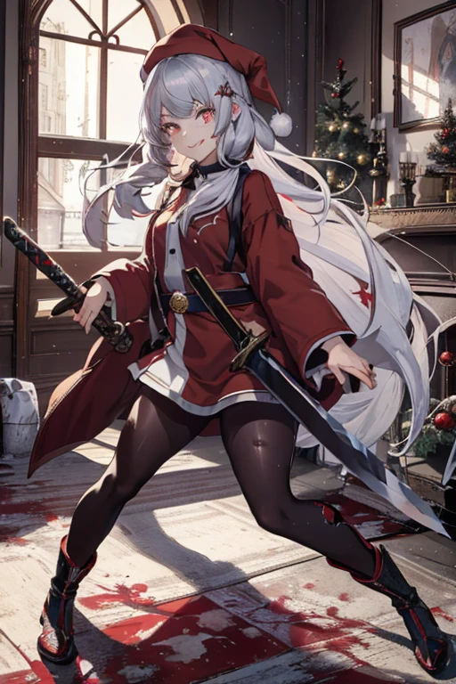 (from below:1.2),((1girl, silver hair, long hair, evil red eyes, crazy eyes, crazy smile:1.5, ), (santa clothes, santa hat, black tights, santa boots), (((holding ominous japanese sword ))), ((battlescene,slashilg,killing the mafia,blood splash)), (indoor, party room, christmas party), ((masterpiece:1.5)), ((best quality:1.5)), (ultra-detailed:1.5), (cinematic lighting, cinematic posing), (with sparkling eyes and a contagious smile),her thin pubic hair:1.2, looking at viewer