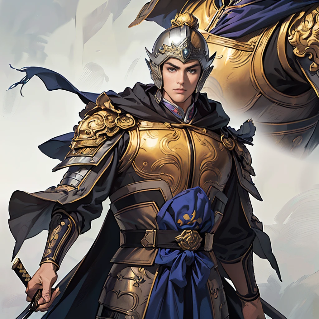 ( top quality ,4K,8k, high res,masterpiece:1.2),super detailed,(super fine illustration),((( A man in armor with a sword drawn in an anime-style illustration ))),20 years old,handsome man,Heroes of the Three Kingdoms:1.3, confident look ,((Long black hair and droopy bangs :1.3)), detailed eyes :1.2, perfect eyes,(( Attractive Dark Eyes )),( well-trained body),cinematic lighting, , soft shadows,(( Extremely engraved silver armor with extreme gold engraving leading to a detailed work of art :1.3, Deeply wearing an ancient Chinese silver helmet drawn in detail :1.3, A dark purple cloak with detailed gold embroidery drawn in detail:1.3,dynamic pause:1.3,A man with an ancient Chinese sword drawn in detail :1.3)),(( cowboy shot:1.2)),(( white background:1.3,simple background:1.2)),(( standing:1.3, depicted so that everything from the tip of the head to above the knee can't be seen :1.3))