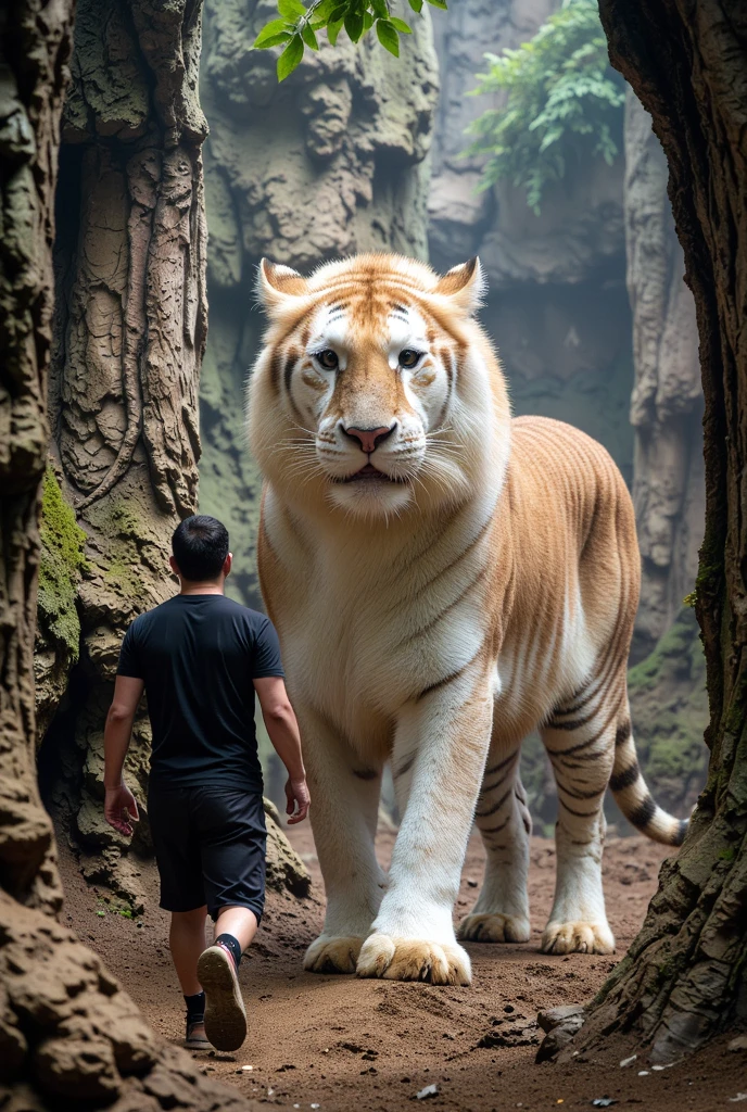 a thai Man in black t-shirt walks forward in forest of tall a giant white lion and a giant white tiger