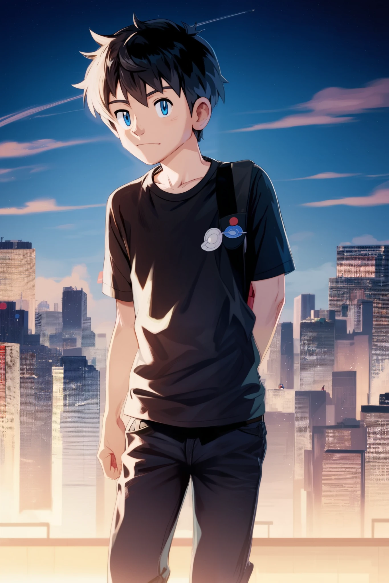 Neal Douglas C. Albanus, 1ung boy, solo, black hair, normal hair style, blue eyes, black shirt, blue long jeans, shoes, malaysian flag cap, belt with the pokéballs, backpack, pokémon trainer, gym badge case, protagonist, hero, PokemonStyle, pokemon \(anime\), pokemon \(classic anime\)