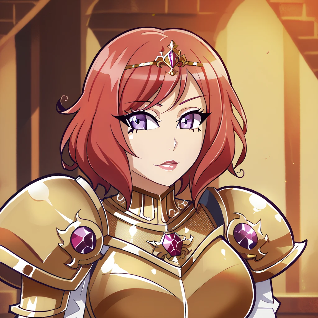 Nishikino maki, Purple eyes, red hair, short hair,(armor:1.2),Golden Armor , llchar,  upper body,solo, big breasts,(lipstick:0.7),dbp,circlet with gems, elegant