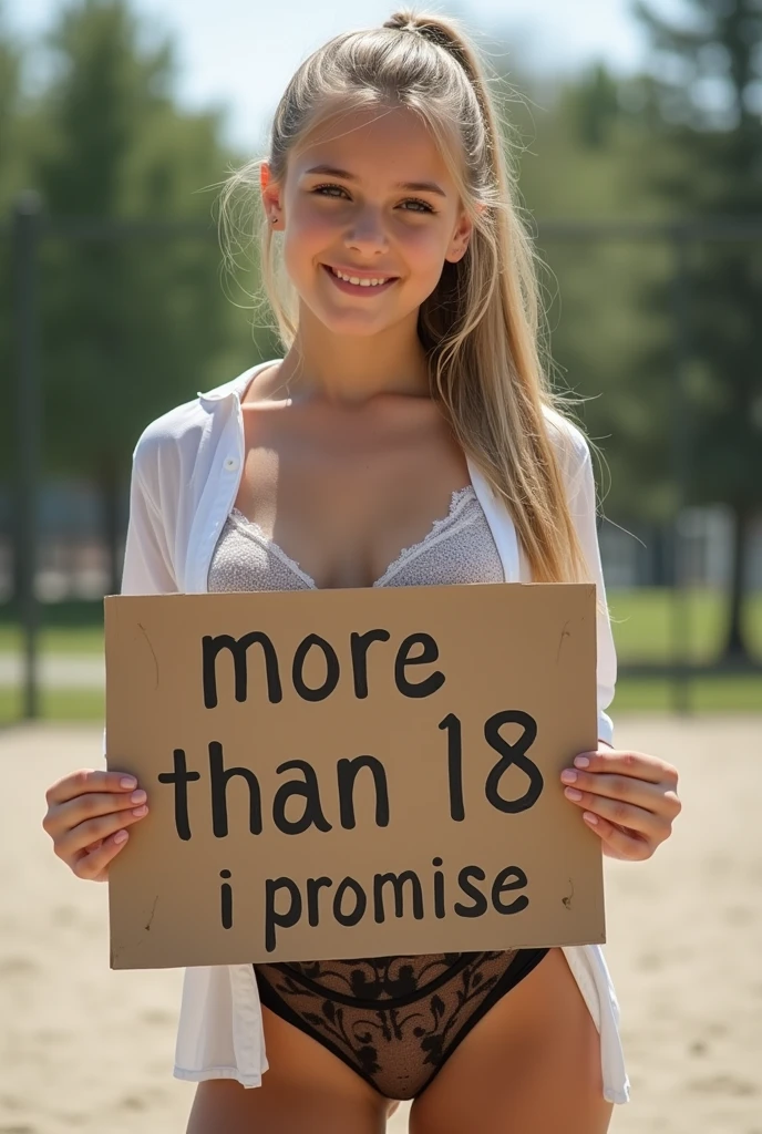 Sexy **** girl posing and holding a sign that crudely says “more than 18 i promise”, sign covers her chest, **************** blonde preadolescent , babysitter in slutty lingerie, nips showing through shirt, sexy shorts showing ass, stockings, young, innocent, sweet, showing off her curves playing in their volleyball court , underboob, natural lighting, showing panties underneath, smiling, cheap low quality camera, skin texture, beautiful soft hair, long ponytail, seductive, kind, wide hips, ass out, hourglass figure, bent over seductively, arched back, Hyperrealism, Close-Up, Wide Shot, showing off her curves