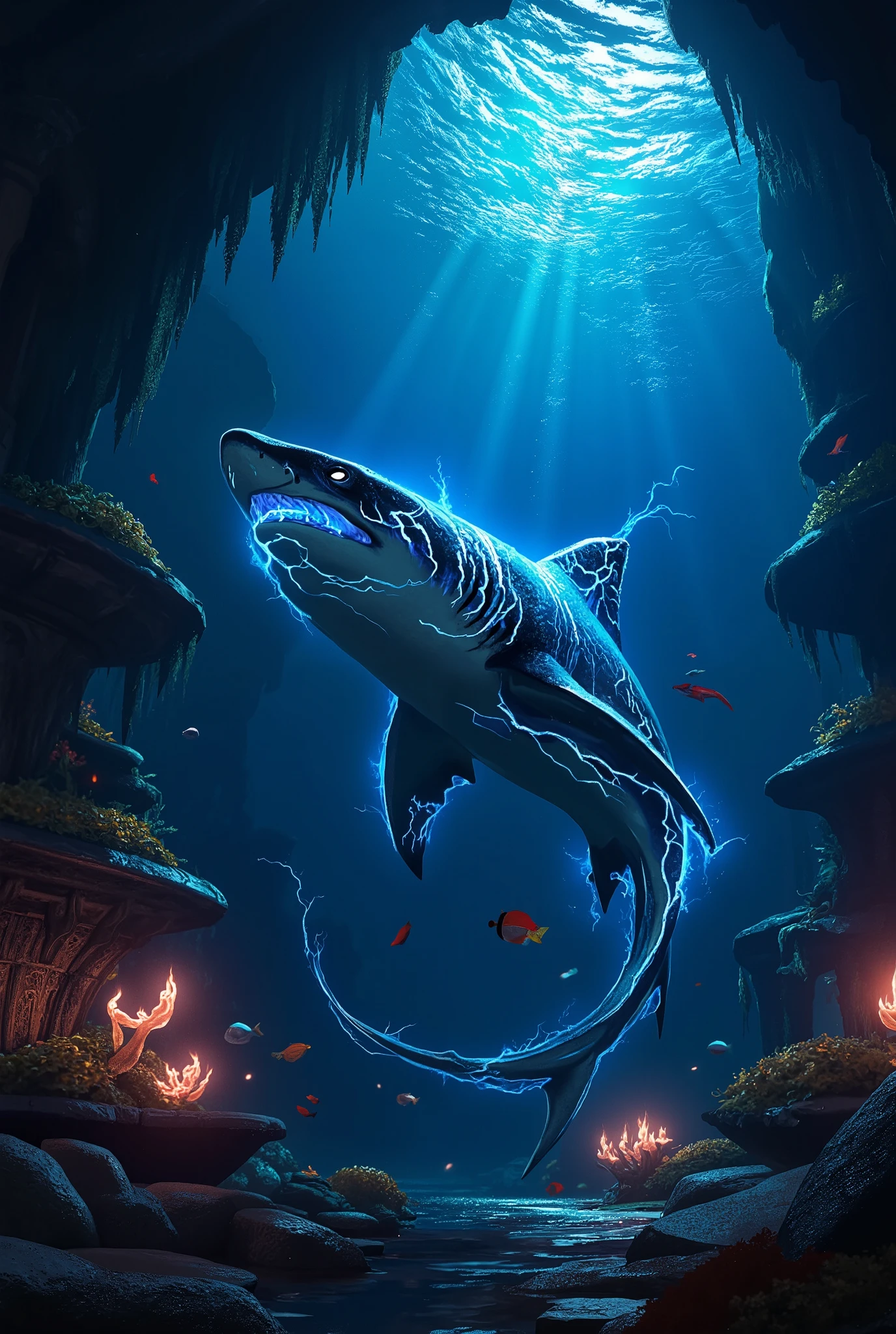 Dark Fantasy, Underwater world,  A shark with lightning and different patterns on its body swims underwater, background underwater kingdom with fish and algae ,  masterpiece fails,  Maximum quality,  better quality , 8 k,  complicated details, bright colors,  fantasy, стиль  fantasy,  maximum details , magic, Mysticism,