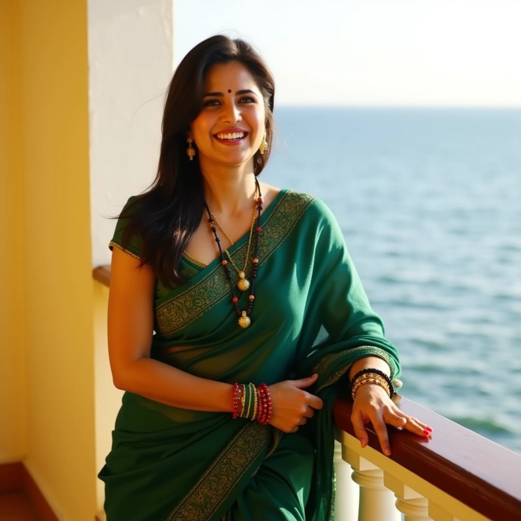 In the vibrant afternoon light, Katrina stands on the balcony of her sea-facing house, the serene expanse of the ocean stretching out before her. She has just returned from a family function, the remnants of celebration still lingering in her posture and her attire. She's adorned in a bottle-green designer saree that clings to her form, the fabric a rich, deep hue with intricate embroidery that speaks of both tradition and opulence. The saree is draped with an elegance only she could embody, but with a bold twist; the pallu has been adjusted to reveal a tantalizing hint of cleavage, making her allure even more pronounced.

Katrina is the picture of allure; around her neck, she wears a mangalsutra, the traditional symbol of marriage, its gold and black beads contrasting beautifully against her skin, signifying her marital status with pride. On both wrists, bangles clink softly as she moves, a symphony of sound that adds to her charm. Her hands rest lightly on the balcony railing, the bangles catching the light, reflecting the hues of the setting sun.

Her expression is one of open seduction; she laughs sluttily, her eyes locked on the camera with an intense, playful gaze that promises more than just a look. Her smile is provocative, her laughter almost audible, suggesting she's fully aware of her allure and the effect she has. As she laughs, her navel is visible, adding to the seductive display. While she talks, her voice might be a sultry whisper or perhaps a teasing laugh, asking if the camera—or the person behind it—wants to share an intimate moment with her. The sea behind her provides a backdrop of endless possibilities, mirroring the depth in her eyes, making this moment on the balcony charged with an unspoken promise of passion and connection.