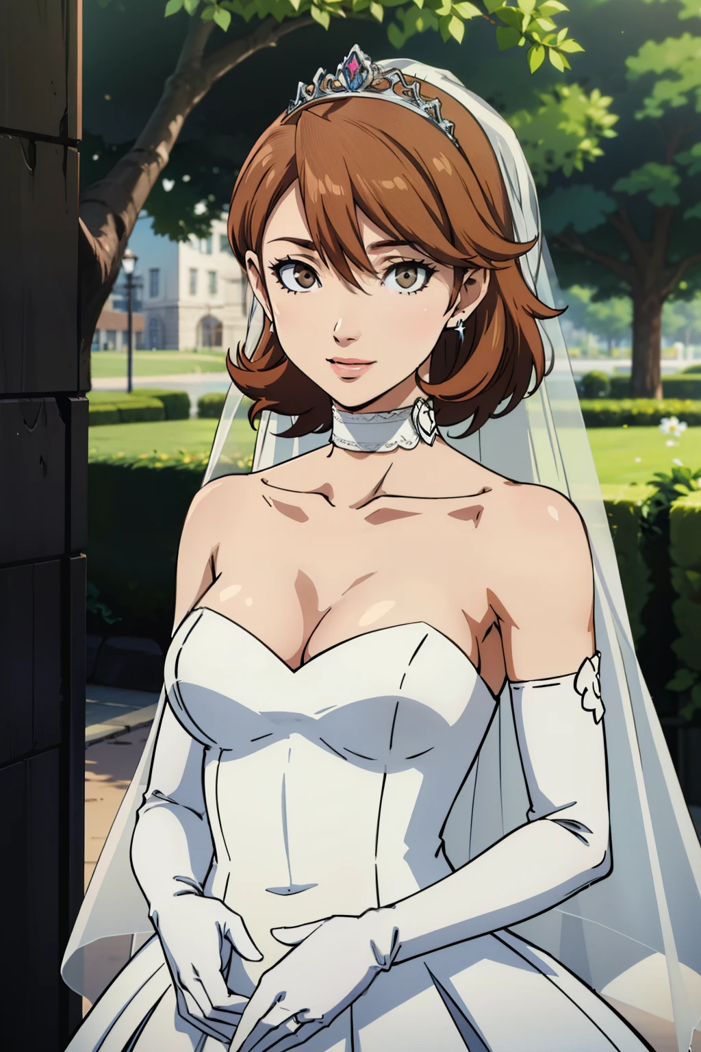 brown hair,brown eyes ,short hair ,hair between eyes, ahoge,, star \(symbol\), hair ornament, ruffled tulle dress, cleavage, bare shoulders, collarbone, long white elbow gloves, white gloves, white dress, white choker, strapless, tiara, veil, strapless dress, wedding dress, bridal veil, beautiful woman, perfect body, perfect breasts, wearing a wedding dress, ball gown, in the park trees, wedding decorations, a warm smile, realism, masterpiece, textured skin, super detail, high detail, high quality, best quality, 1080p, 16k