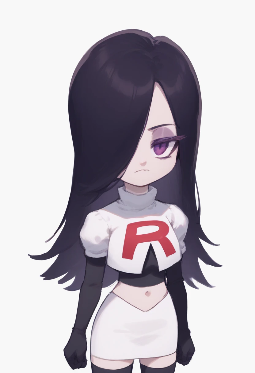 embedding:zPDXL3, rating_safe, source_cartoon, score_9, score_8_up, score_7_up,

white background, simple background, 1girl, solo, chibi, looking at viewer, bored, 

ha1ku, pale skin, black hair, long hair, hair over one eye, purple eyeshadow, purple eyes, team rocket,team rocket uniform,white skirt,red letter R,crop top,black thigh-highs,black elbow gloves, cowboy shot