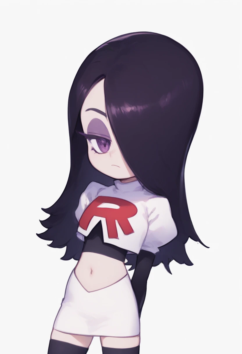 embedding:zPDXL3, rating_safe, source_cartoon, score_9, score_8_up, score_7_up,

white background, simple background, 1girl, solo, chibi, looking at viewer, bored, 

ha1ku, pale skin, black hair, long hair, hair over one eye, purple eyeshadow, purple eyes, team rocket,team rocket uniform,white skirt,red letter R,crop top,black thigh-highs,black elbow gloves, cowboy shot