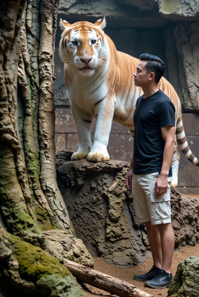 a thai Man in black t-shirt stand beside of a tall giant white tiger in the forest