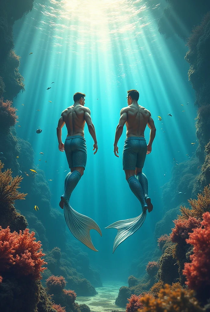(masterpiece,Distinguished Quality,Mirror-like,Cinematic Experience, insanely detailed,absurdres),8k,(full image shot), the shimmering, iridescent depths of an enchanted ocean, (2 males:1.6),fighting,mesmerizing sirens,(male, with manly mermaid tale:2.0),(male siren),(black metallic manly tale),(manly abs),(all hair types are in),Black hair:2.0),aquamarine eyes gleam with an otherworldly allure, shimmering, crystalline tail glimmers with a soft, ethereal light, beckoning sailors to their doom with a haunting, melodic song that echoes through the mystical, moonlit waves, Imagine the captivating, underwater scene!