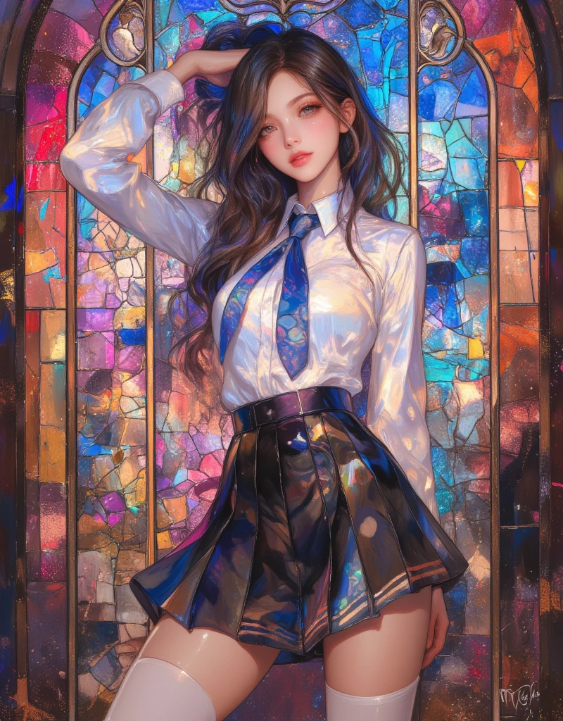 Anime girl in uniform doing sexy pose, preppy style school girl, marin kitagawa fanart, realistic schoolgirl, extremely detailed artgerm, range murata and artgerm, anime moe artstyle, Composite with live-action background images, detailed 2d illustration, commission for high res, ecchi anime style, tits, (sfw) safe for work. glitch, egmid, ArsMJStyle, Stained Glass, in the style of james-jean, Oil Pastels