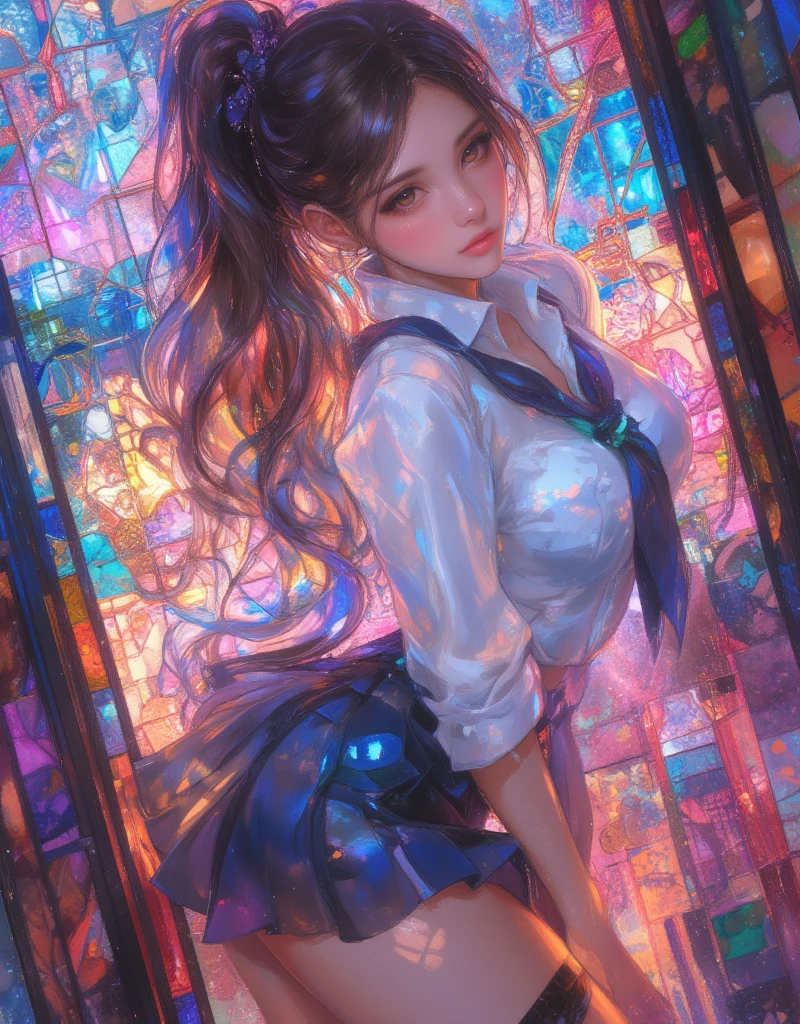 Anime girl in uniform doing sexy pose, preppy style school girl, marin kitagawa fanart, realistic schoolgirl, extremely detailed artgerm, range murata and artgerm, anime moe artstyle, Composite with live-action background images, detailed 2d illustration, commission for high res, ecchi anime style, tits, (sfw) safe for work. glitch, egmid, ArsMJStyle, Stained Glass, in the style of james-jean, Oil Pastels