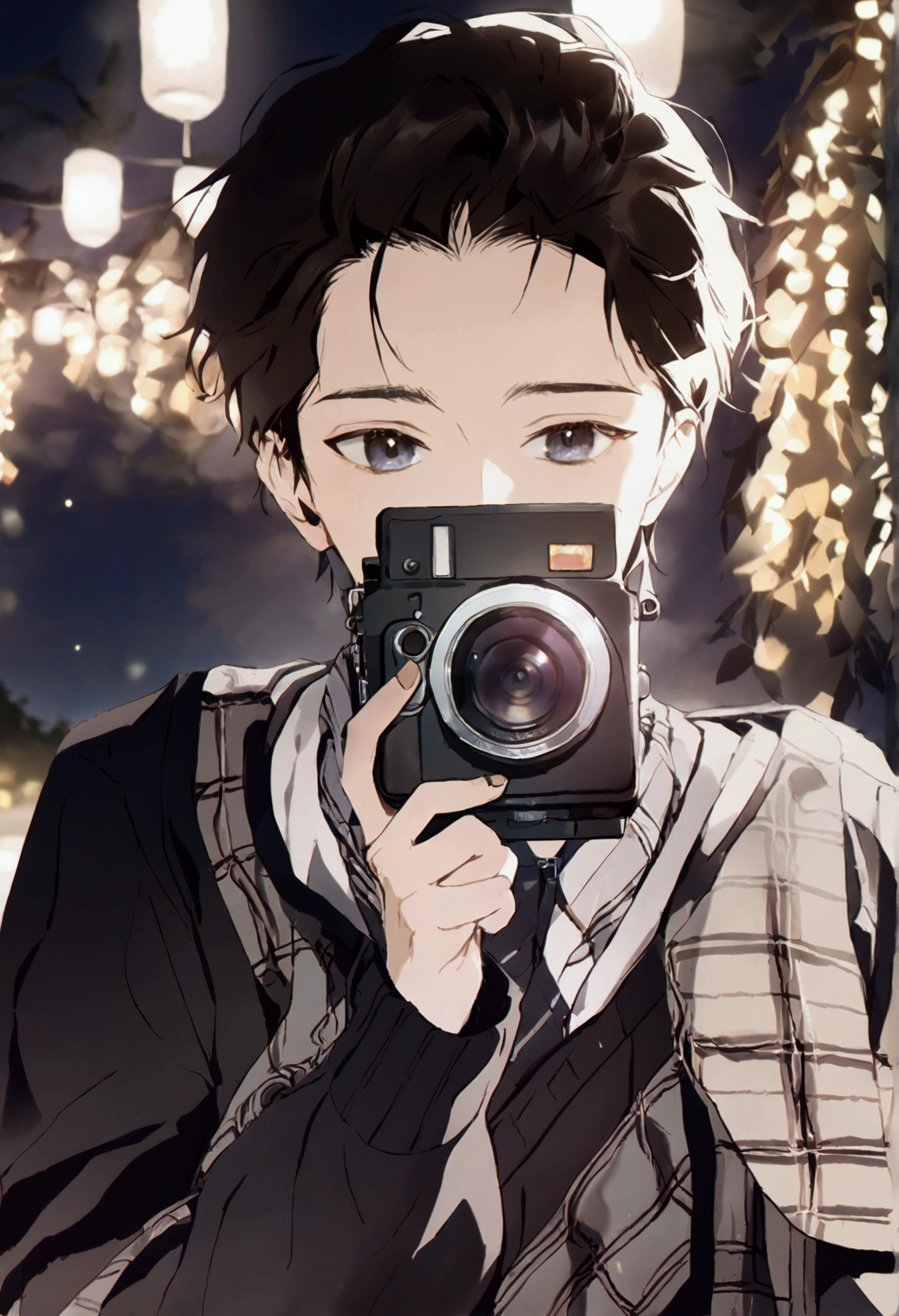 1 boy, handsome, korean, adult, light, night, upper body, details, camera, polaroid