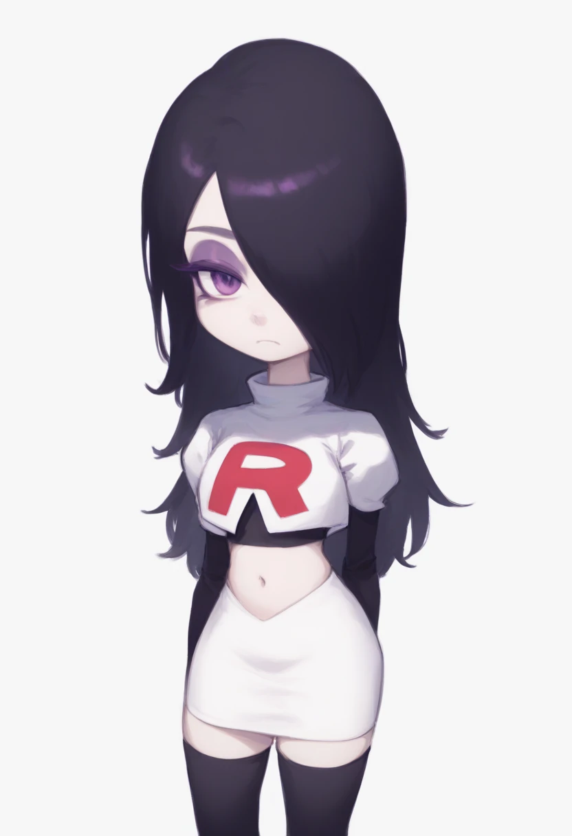 embedding:zPDXL3, rating_safe, source_cartoon, score_9, score_8_up, score_7_up,

white background, simple background, 1girl, solo, chibi, looking at viewer, bored, 

ha1ku, pale skin, black hair, long hair, hair over one eye, purple eyeshadow, purple eyes, team rocket,team rocket uniform,white skirt,red letter R,crop top,black thigh-highs,black elbow gloves, cowboy shot