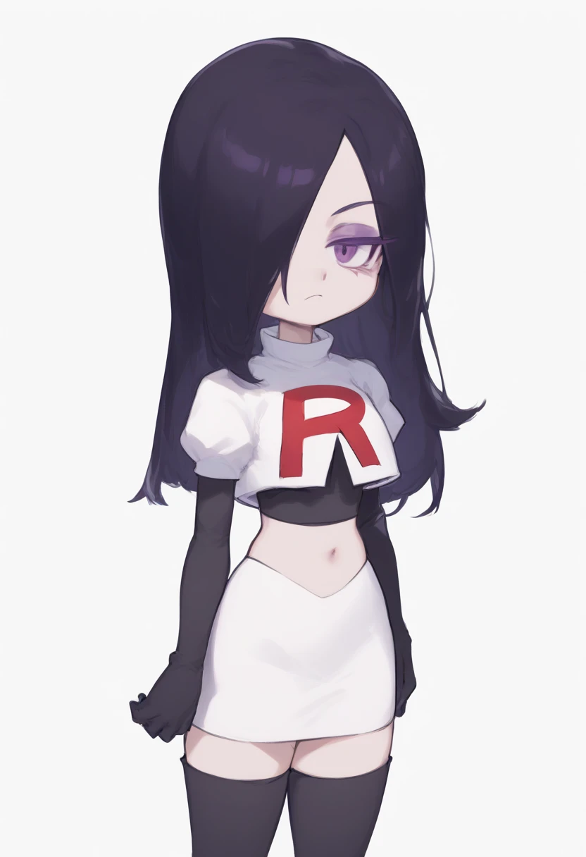 embedding:zPDXL3, rating_safe, source_cartoon, score_9, score_8_up, score_7_up,

white background, simple background, 1girl, solo, chibi, looking at viewer, bored, 

ha1ku, pale skin, black hair, long hair, hair over one eye, purple eyeshadow, purple eyes, team rocket,team rocket uniform,white skirt,red letter R,crop top,black thigh-highs,black elbow gloves, cowboy shot