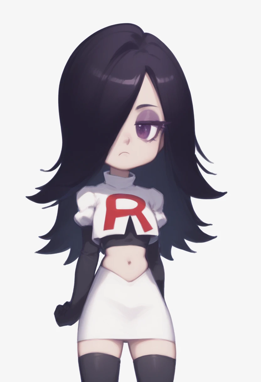 embedding:zPDXL3, rating_safe, source_cartoon, score_9, score_8_up, score_7_up,

white background, simple background, 1girl, solo, chibi, looking at viewer, bored, 

ha1ku, pale skin, black hair, long hair, hair over one eye, purple eyeshadow, purple eyes, team rocket,team rocket uniform,white skirt,red letter R,crop top,black thigh-highs,black elbow gloves, cowboy shot