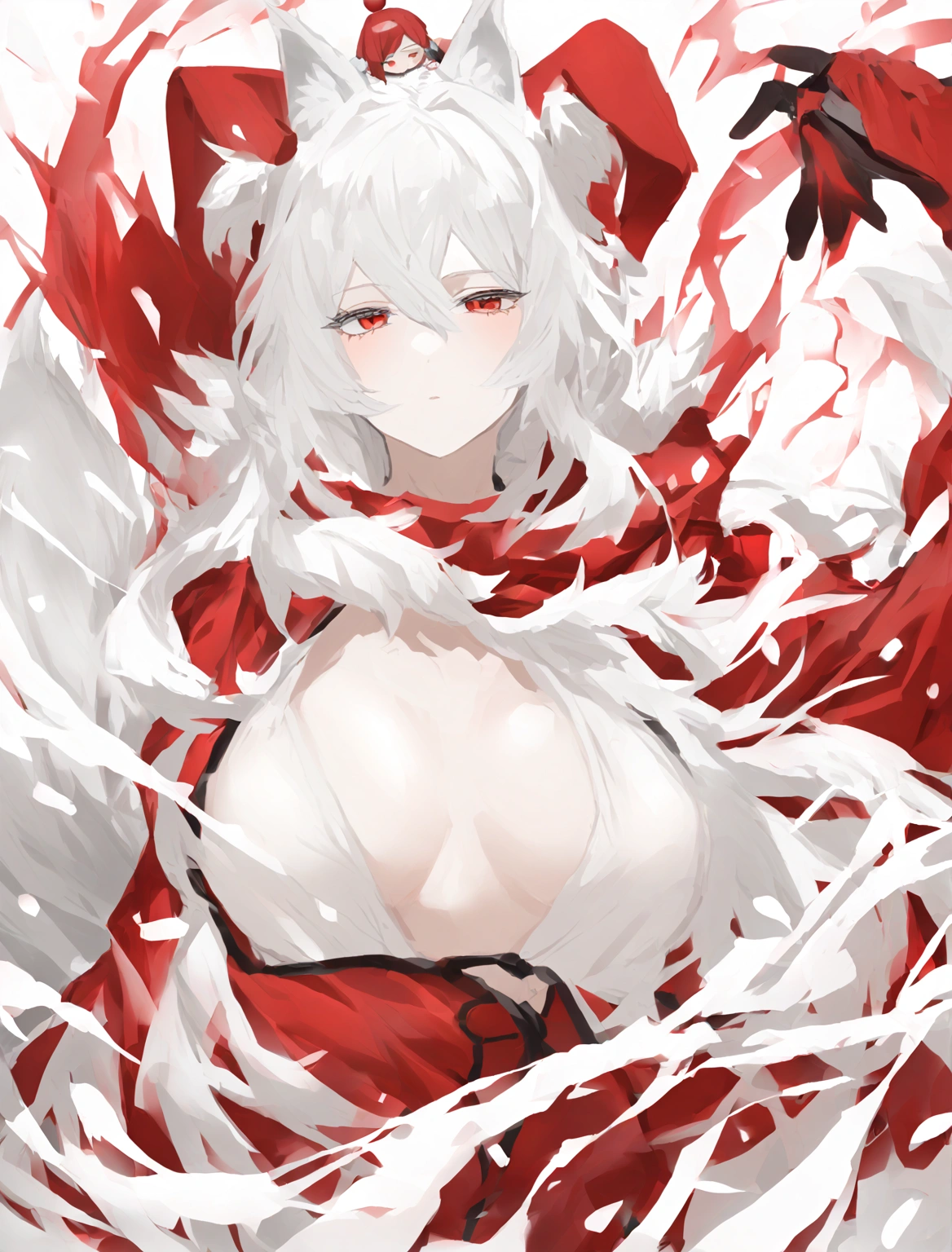 Long white hair, red hat, red eyes, big chest, wearing a red hood, white wolf ears on the head and a white wolf tail, there was snow around. 