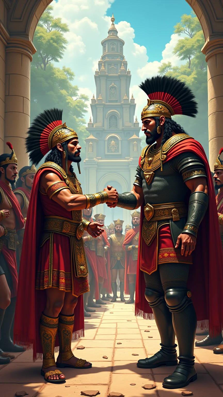 A Spanish conquistador man with his group, The Spanish chief is shaking hands with the indigenous chief of the Indians who is also with his tribe.. the image that is drawing illustration style
