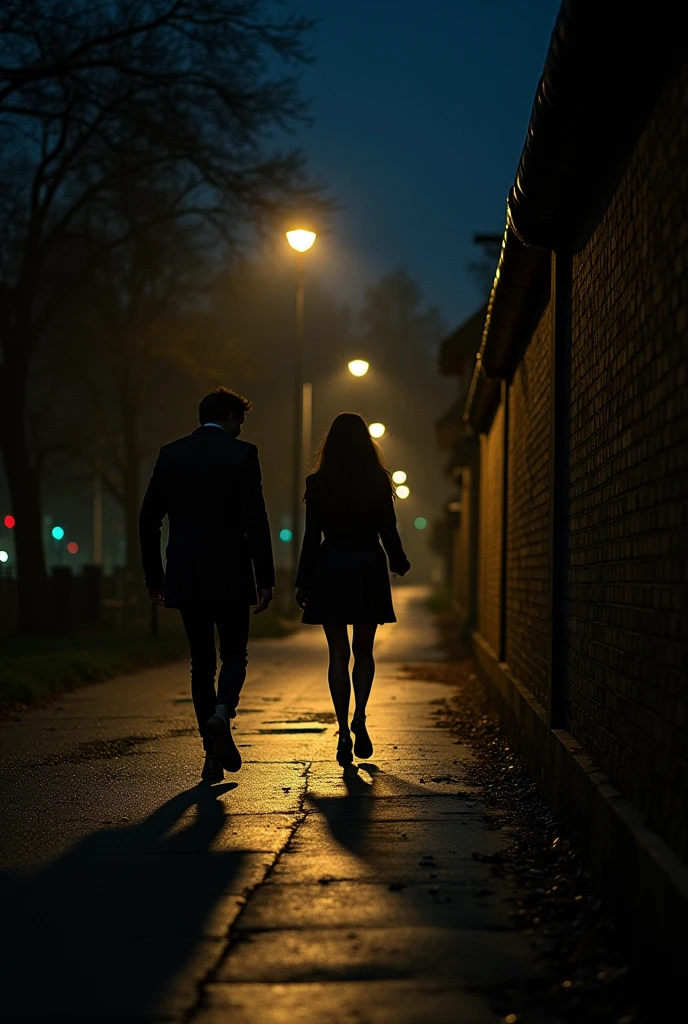 silhouette of one man watching one girl walk away, heartbroken, night time
