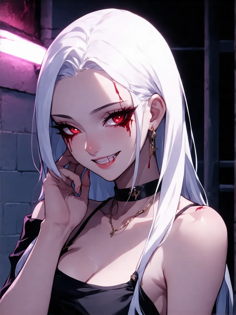 a photorealistic girl with silky smooth and long white hair , and vampiric blood red eyes, there is a neon lighting from top left,she is wearing a crop top, qnd a black neckband, there is a seductive mesmerizing look on her face, her fingers touching the right side of her face, and a seductive smile on her face, cinematic,solo leveling manhwa art style, highly defined and high resolution