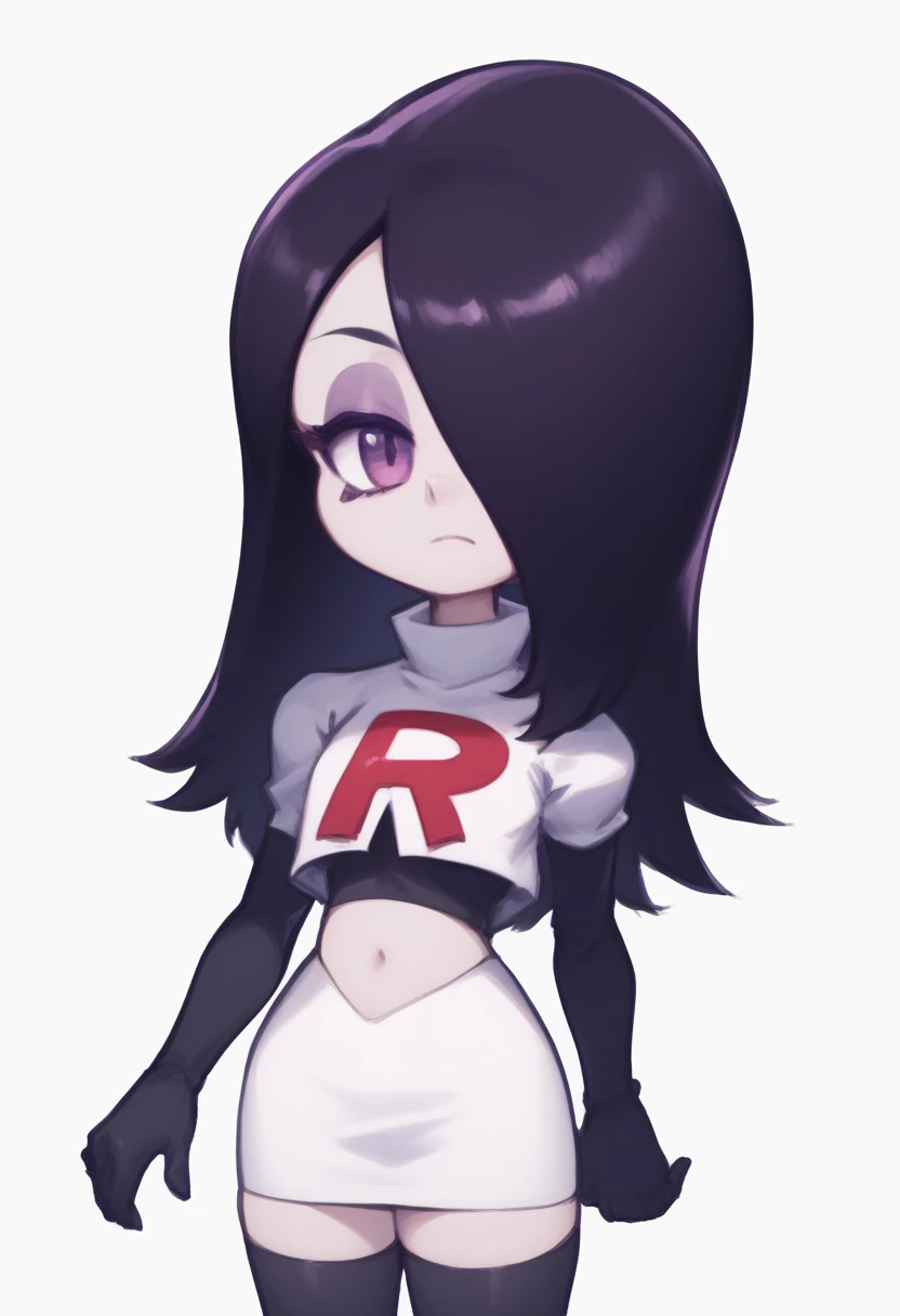 embedding:zPDXL3, rating_safe, source_cartoon, score_9, score_8_up, score_7_up,

white background, simple background, 1girl, solo, chibi, looking at viewer, bored, 

ha1ku, pale skin, black hair, long hair, hair over one eye, purple eyeshadow, purple eyes, team rocket,team rocket uniform,white skirt,red letter R,crop top,black thigh-highs,black elbow gloves, cowboy shot