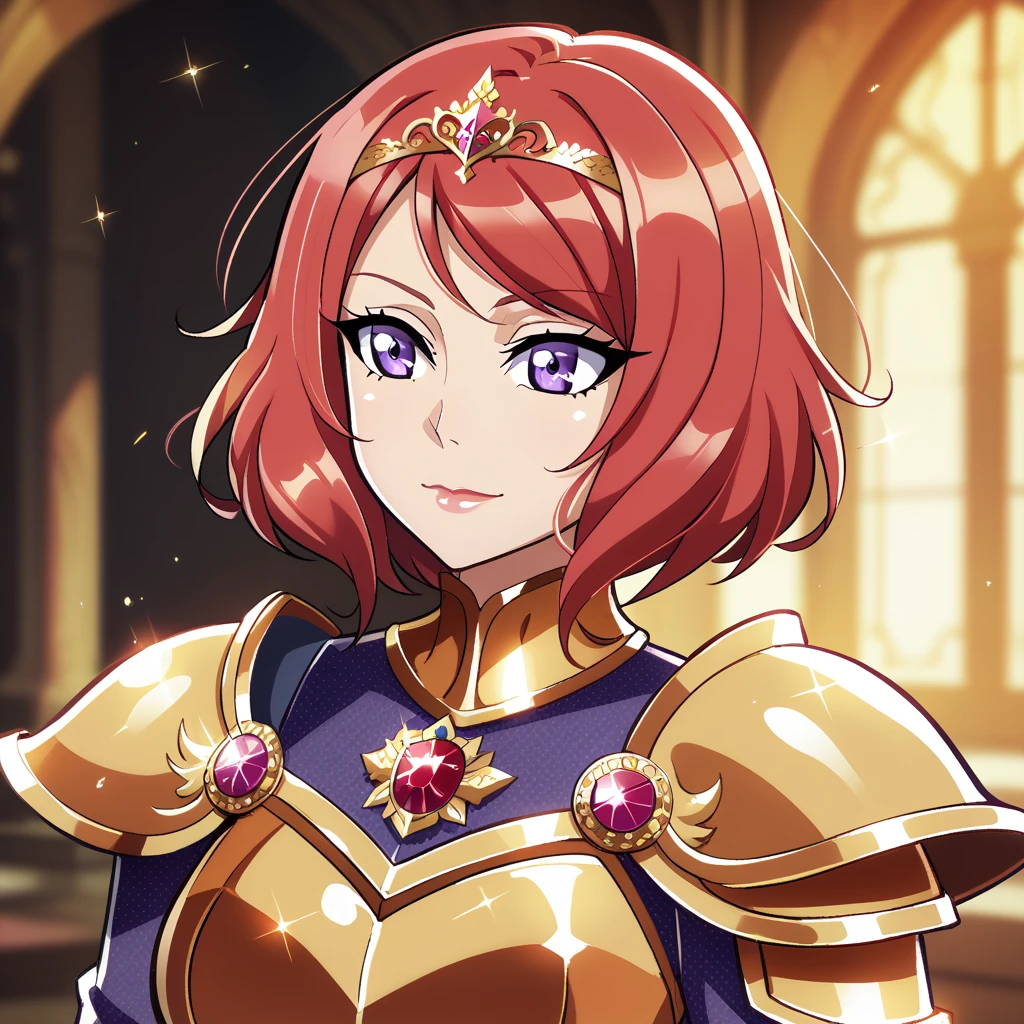 Nishikino maki, Purple eyes, red hair, short hair,(armor:1.2),Golden Armor , llchar,  upper body,solo, big breasts,(lipstick:0.7),dbp,circlet with gems, elegant,closed mouth