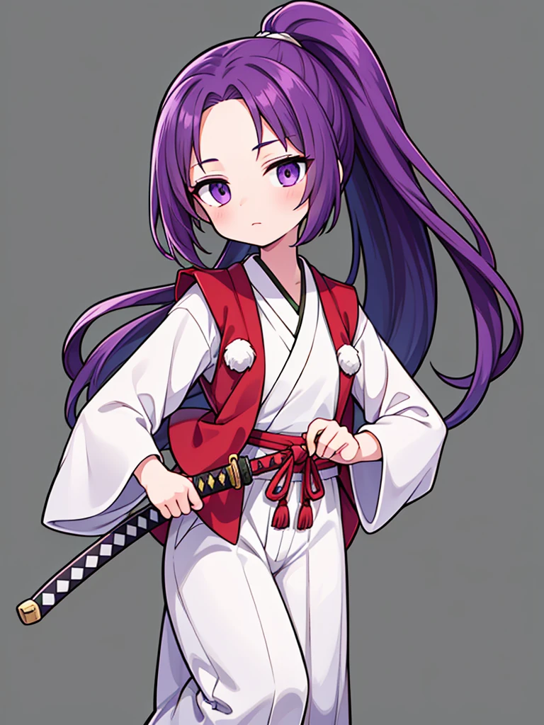 this is a picture of a girl dressed in a long gown with a sword, clean line drawings, ultra cute girl, ultra cute face, ultra detailed eyes, ultra detailed hair, ultra cute, ultra beautiful, ((high end)), (UHD picture), (best quality,4k,8k,highres,masterpiece:1.2), top-quality(​masterpiece), top-quality, ultra-detailed, highly detailed texture, intricate details, high quality textures, masterpiece, best quality, perfect quality, perfect anatomy, perfect body, perfect symmetrical face, perfect hands, perfect feet, (two arms:1.2), (two legs:1.2), (five fingers each:1.2), (perfect joint:1.2), perfect joint movement, precise fingers and hands, 1 beautiful girl, 1 girl, alone, solo, , , ((())), ((ish)), (Best Quality, hight resolution), extremely detailed and lifelike, Vibrant colors, simple background, very long hair, forehead visible bangs, hair flaps, purple hair, ponytail, well-formed face, purple eyes, japanese clothes, samurai, open vest, red vest, white kimono, long sleeves, wide sleeves, haori, long hakama, wide hemmed hakama, hakama pants, long trousers, sword, katana, holding katana, weapon