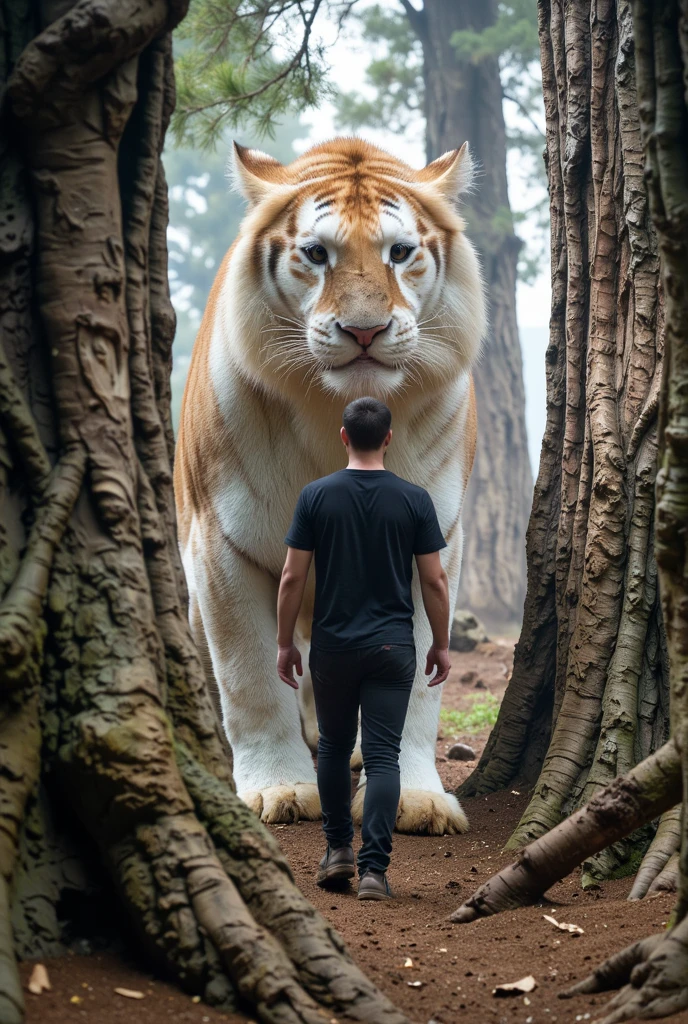 a thai Man in black t-shirt walks forward in forest of tall a giant white lion and a giant white tiger