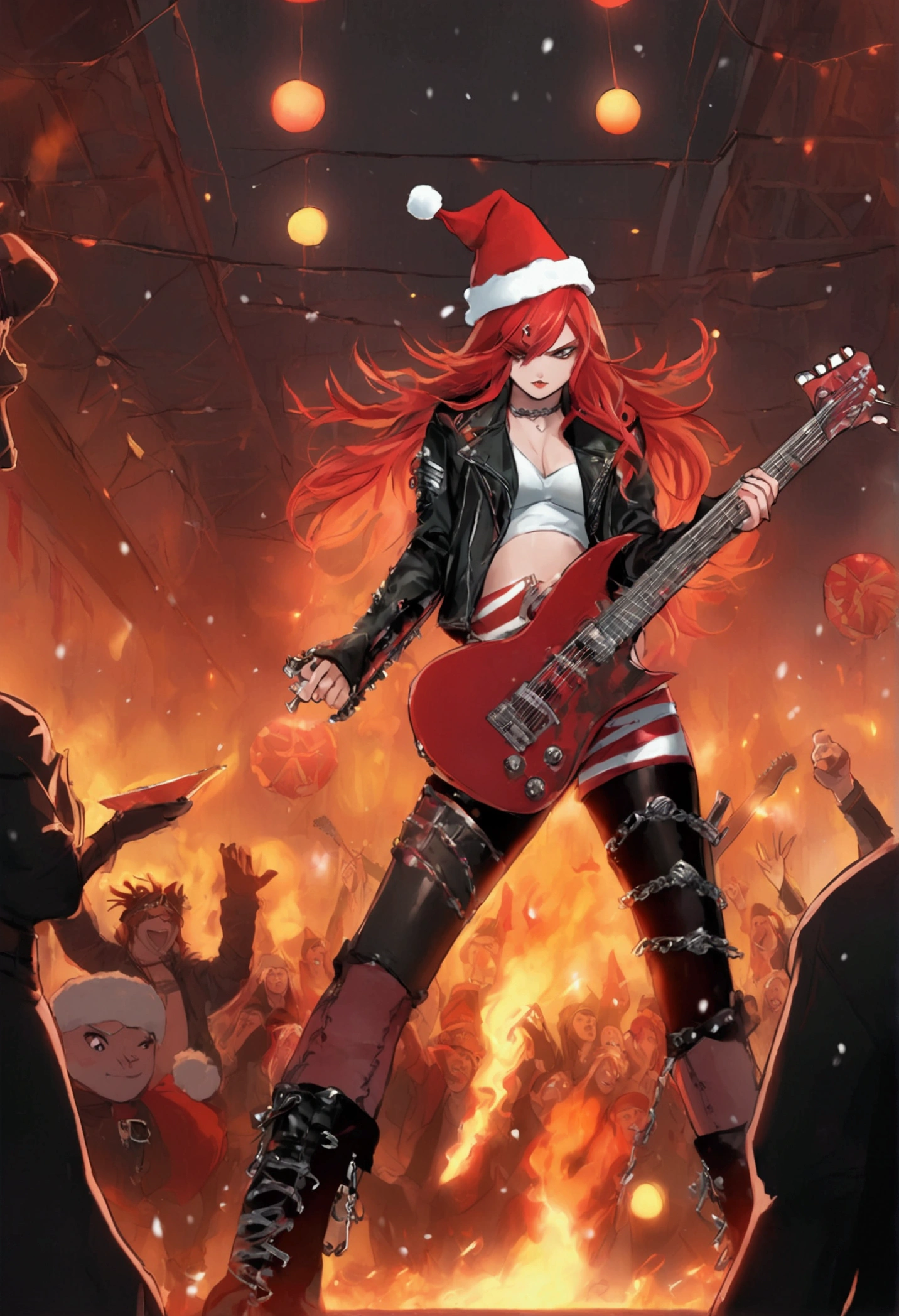 Reimagine Santa Claus as a fierce and stylish female heavy metal rockstar. She has long, wild crimson hair with streaks of silver, topped with a classic Santa hat tilted slightly for attitude. She wears a black leather jacket with spikes and chains, paired with red and white striped pants and knee-high combat boots. Her electric guitar, shaped like a candy cane, glows with fiery red energy as she performs on a stage surrounded by flames and a cheering crowd of elves with mohawks. The background features a snowy, post-apocalyptic Christmas setting, with glowing holiday lights draped over amplifiers and speakers. The atmosphere is bold, rebellious, and full of rock 'n' roll energy, blending Christmas themes with heavy metal vibes