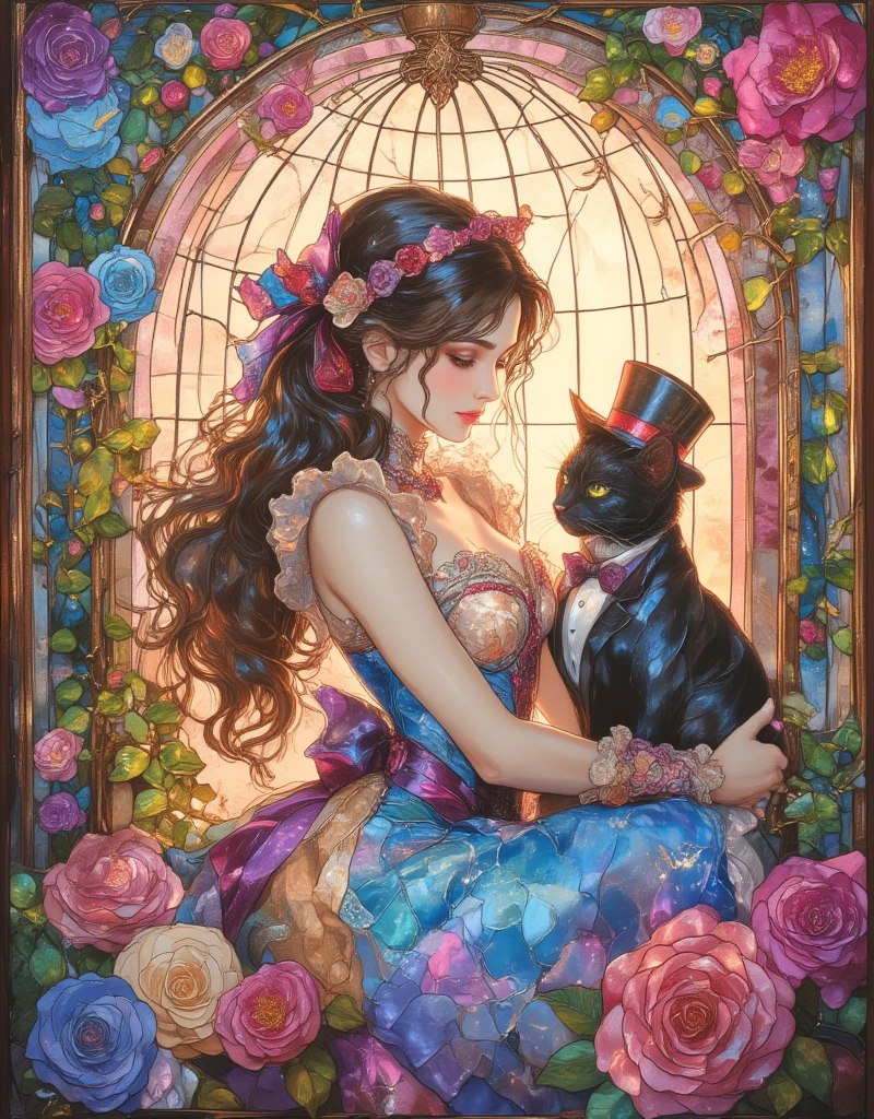 Lolita girl in a birdcage, Wearing ribbons and Lolita dresses, Colorful rose flowers, Rose vines tangled around a birdcage, Fairytale illustration. Baron the cat in a hat and tuxedo. Victorian Style, Pastel Gradient background, "Lollipop Syndrome", mesmerizing artwork, Impressive creativity. (best quality, high resolution, masterpiece:1.2). surreal, ArsMJStyle, Stained Glass, Oil Pastels, in the style of james-jean