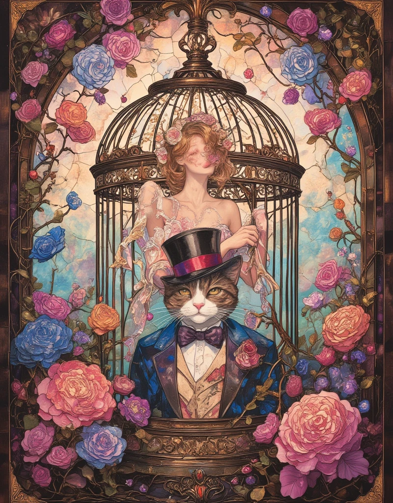 Lolita girl in a birdcage, Wearing ribbons and Lolita dresses, Colorful rose flowers, Rose vines tangled around a birdcage, Fairytale illustration. Baron the cat in a hat and tuxedo. Victorian Style, Pastel Gradient background, "Lollipop Syndrome", mesmerizing artwork, Impressive creativity. (best quality, high resolution, masterpiece:1.2). surreal, ArsMJStyle, Stained Glass, Oil Pastels, in the style of james-jean