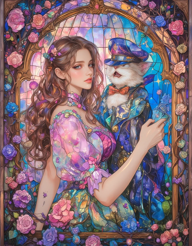 ta girl in a birdcage, Wearing ribbons and Loliresses, Colorful rose flowers, Rose vines tangled around a birdcage, Fairytale illustration. Baron the cat in a hat and tuxedo. Victorian Style, Pastel Gradient background, "Lollipop Syndrome", mesmerizing artwork, Impressive creativity. (best quality, high resolution, masterpiece:1.2). surreal, ArsMJStyle, Stained Glass, Oil Pastels, in the style of james-jean