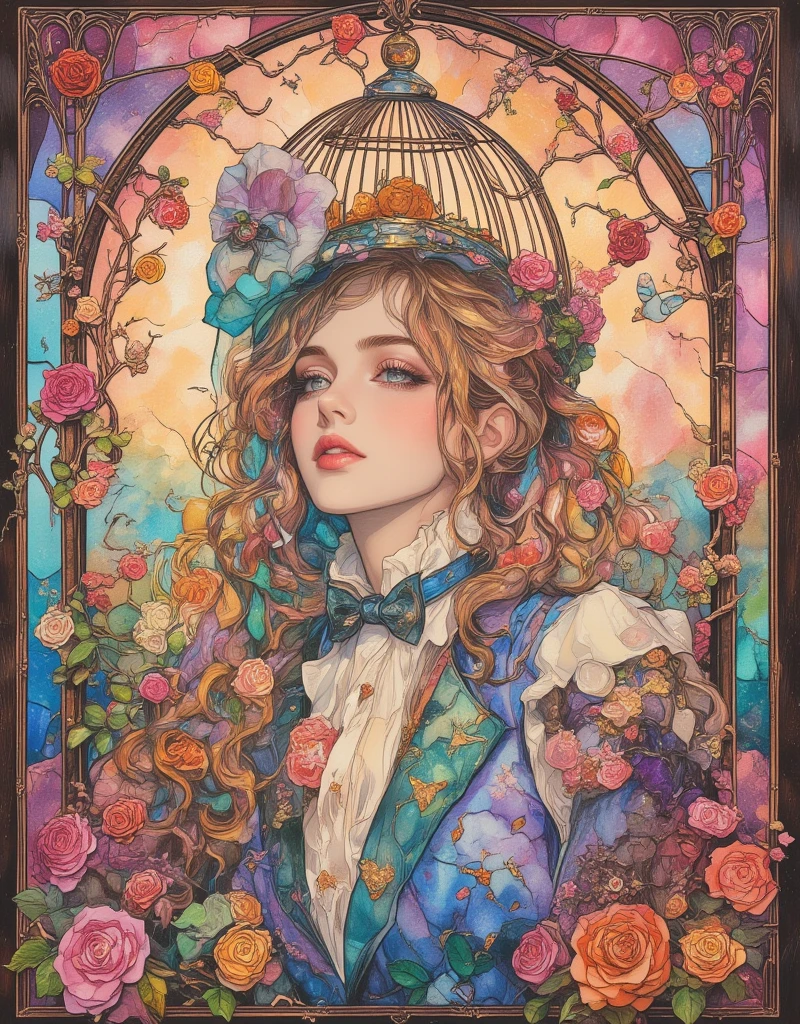 Lolita girl in a birdcage, Wearing ribbons and Lolita dresses, Colorful rose flowers, Rose vines tangled around a birdcage, Fairytale illustration. Baron the cat in a hat and tuxedo. Victorian Style, Pastel Gradient background, "Lollipop Syndrome", mesmerizing artwork, Impressive creativity. (best quality, high resolution, masterpiece:1.2). surreal, ArsMJStyle, Stained Glass, Oil Pastels, in the style of james-jean