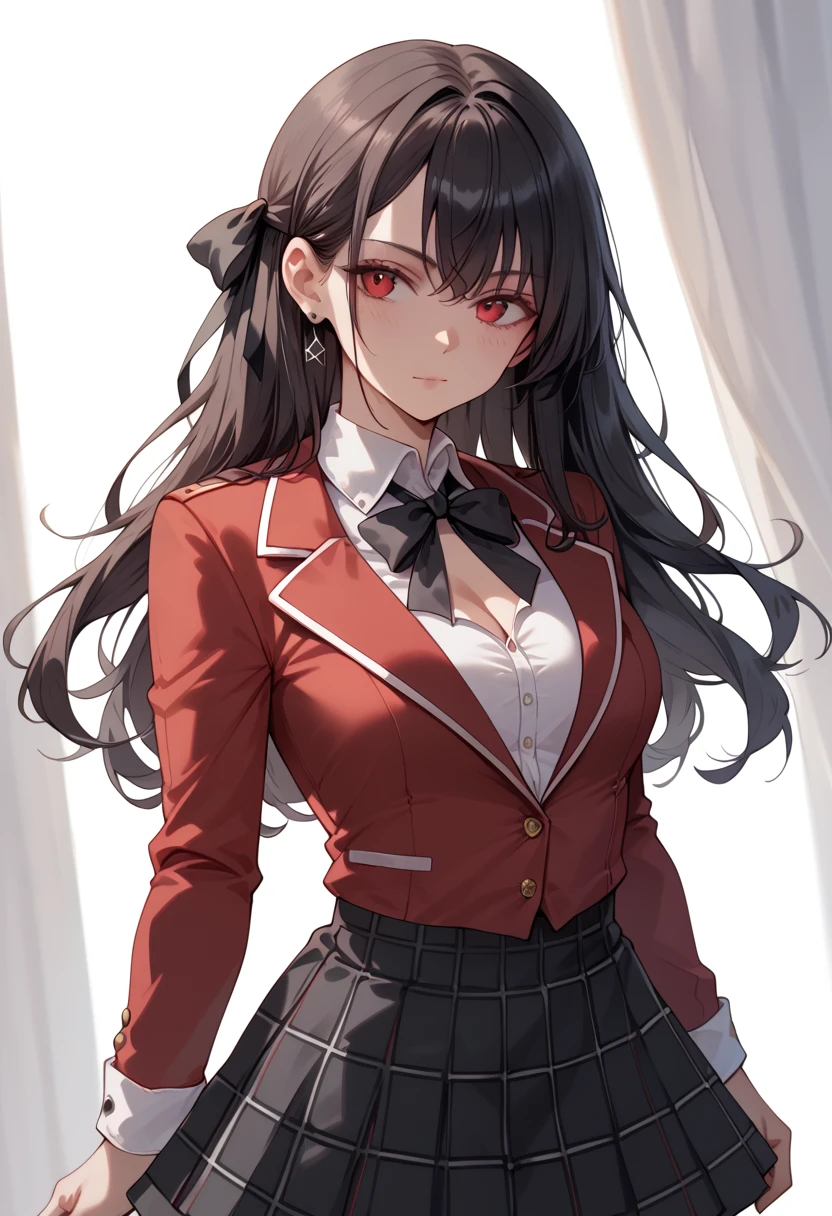 ha yuri zahard,shiny skin,(red eyes),white jacket,black shirt,necktie,red skirt,ponytail,hair ribbon,(large breasts:1.5),(shiny hair),((solo)),((masterpiece)),((best quality)),perfect anatomy,slim waist,perfect image,8k UHD,(beautiful detailed eyes:1.5),extremely detailed face,standing,(upper body:1.3),(look at the front:1.5),arms behindback,ultra-detailed,absurdres,highres,indoor arena,