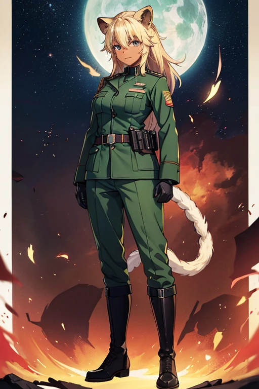  anime picture 、SF officers、 Full Body Portrait 、 A 32-year-old dark-skinned woman with arms folded and standing upright, about 175 cm tall, wearing a dark green military uniform、profile、 blue eyes、Ears like a lion、The hairstyle is short medium with feathery hair、Blonde、 smiling with her mouth closed 、military boots、gloves、Short cloak