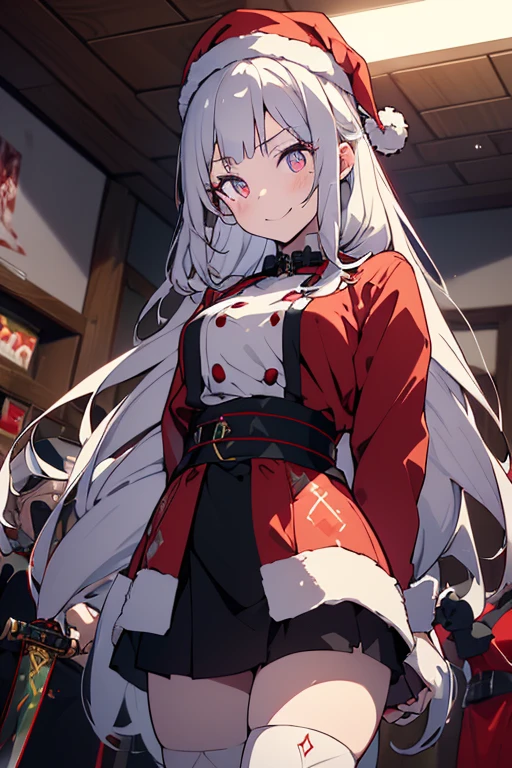 masterpiece, best quality, highres, bbyorf, long hair, white hairband, red eyes, gold earrings, large breasts, jewelry, off shoulder, red sweater, sweater dress, long sleeves, black pantyhose, cowboy shot, standing, from below, spread legs