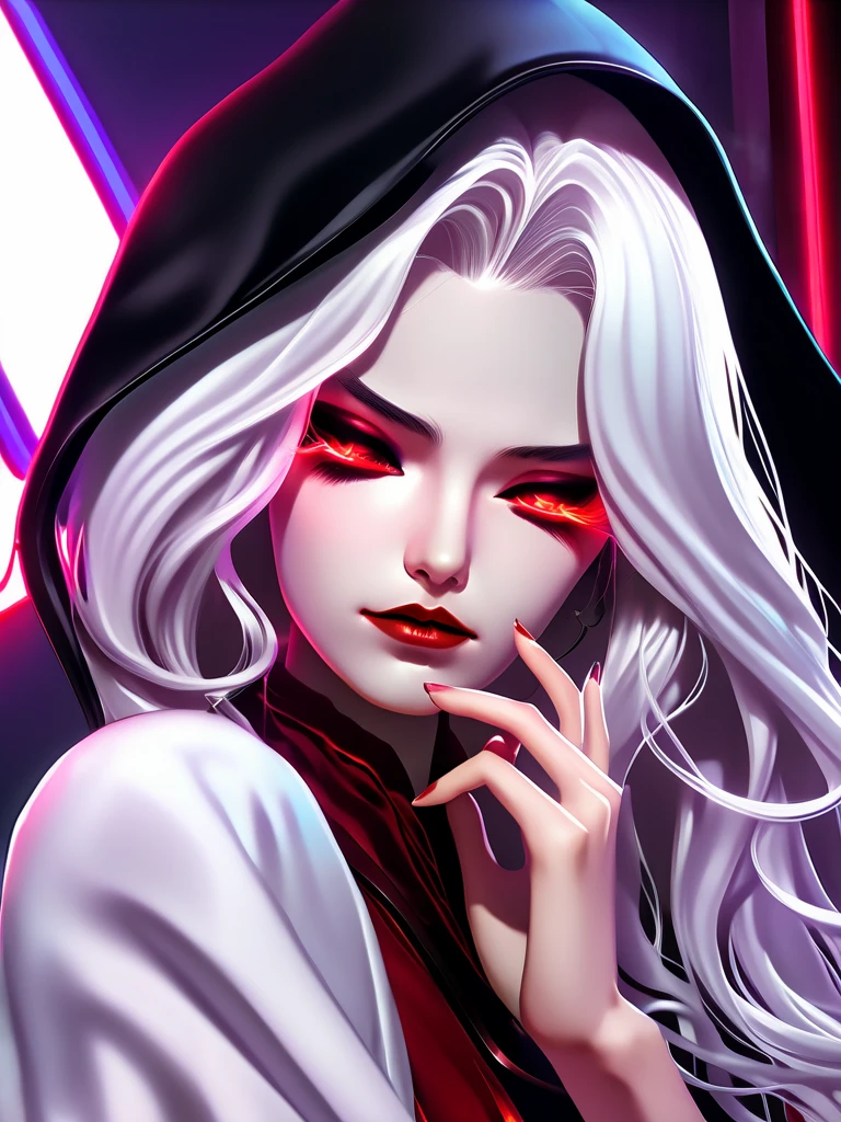 a photorealistic girl with silky smooth and long white hair , and vampiric blood red eyes, there is a neon lighting from top left,she is wearing a crop top, qnd a black neckband, there is a seductive mesmerizing look on her face, her fingers touching the right side of her face, and a seductive smile on her face, cinematic,solo leveling manhwa art style, highly defined and high resolution