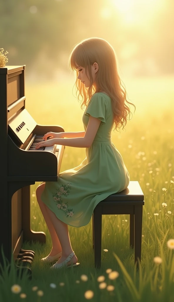 Woman playing piano in garden, Sky with distant sun