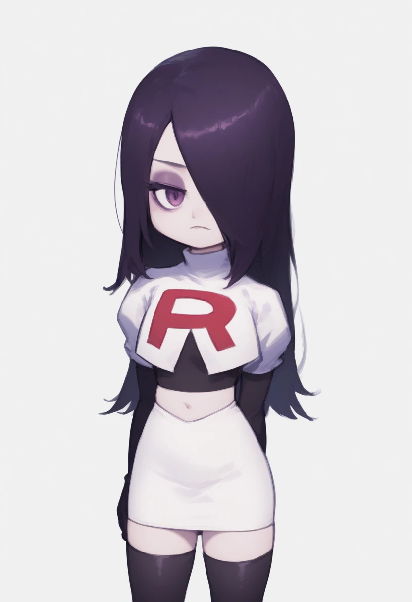 embedding:zPDXL3, rating_safe, source_cartoon, score_9, score_8_up, score_7_up,

white background, simple background, 1girl, solo, chibi, looking at viewer, bored, 

ha1ku, pale skin, black hair, long hair, hair over one eye, purple eyeshadow, purple eyes, team rocket,team rocket uniform,white skirt,red letter R,crop top,black thigh-highs,black elbow gloves, cowboy shot