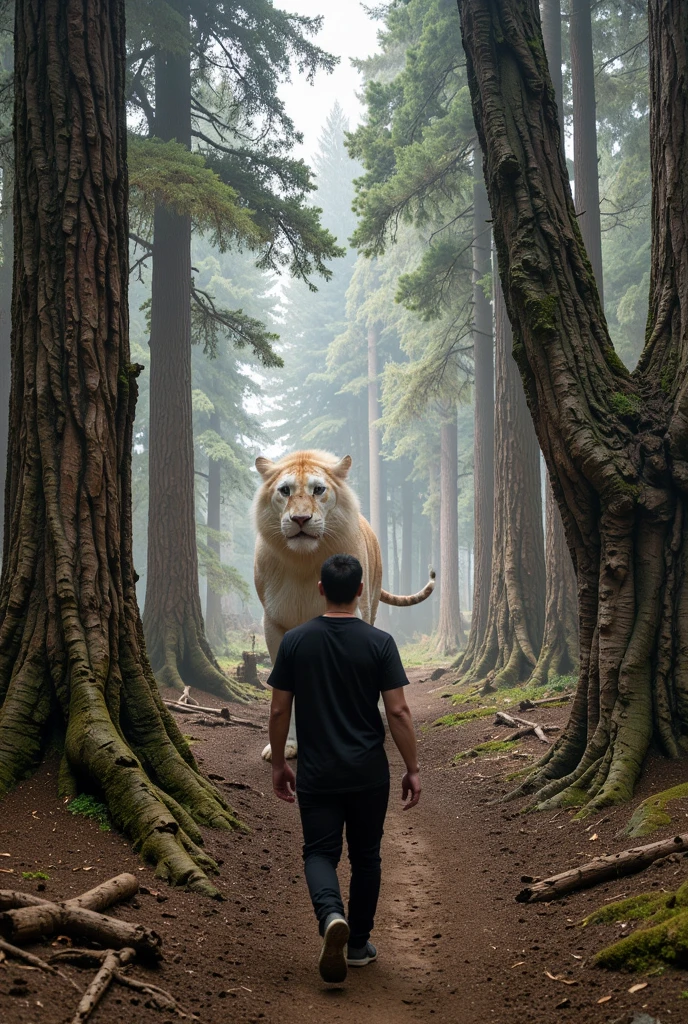 a thai Man in black t-shirt Turn forward walks forward in forest of tall a giant white lion and a giant white tiger