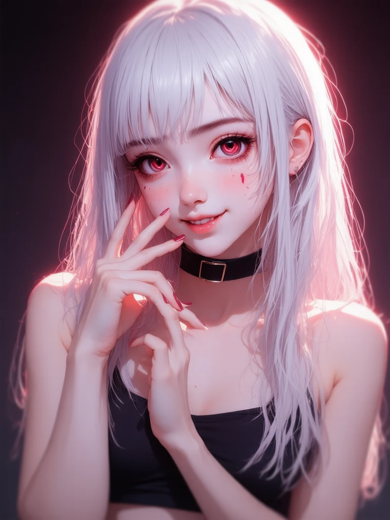 a photorealistic girl with silky smooth and long white hair , and vampiric blood red eyes, there is a neon lighting from top left,she is wearing a crop top, qnd a black neckband, there is a seductive mesmerizing look on her face, her fingers touching the right side of her face, and a seductive smile on her face, cinematic,solo leveling manhwa art style, highly defined and high resolution