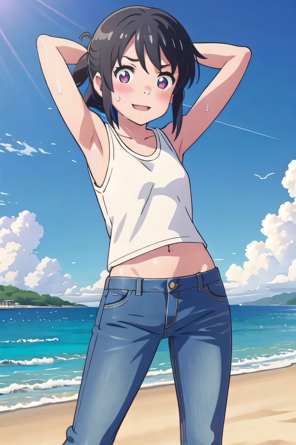 masterpiece,best quality,ultra detail,1girl, **yo, ***ite, ((round face, ecstasy, orgasm face, drooping eyes, shame smiling, blush)), dropping eyes, sleepy, background((under the beach, (day:1.2), under sand beach, bright sky)), shinkai makoto, kimi no na wa., Miyamizu Mitsuha, straight long hair, arms behind head, contrapposto, spread armpits, looking at viewer,, White tank top, White crop top, jeans, blue pants, (flares jeans 1:1), blue jeans, standing, (legs spread:3:1), dynamic pose, Sweaty crotch, Steam from the crotch, Nice view, medium body