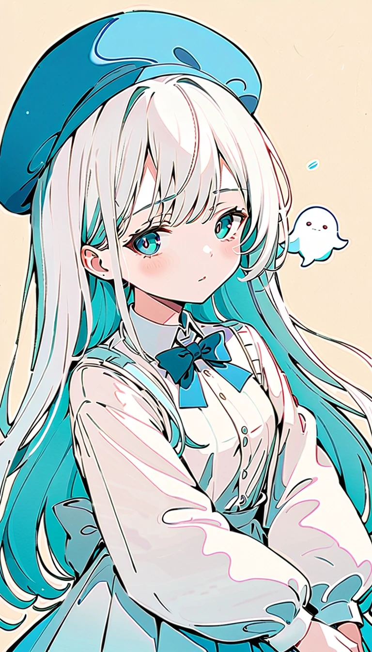 Anime girl with long hair and a blue hat and bow tie, small curvy ****, soft anime illustration, Flat anime style shading, Pale Young Ghost Girl, white cyan, cel - shaded art style, Lori, anime stylized, anime moe art style, cel shaded anime, white haired god, , cute character, she has a cute expressive face